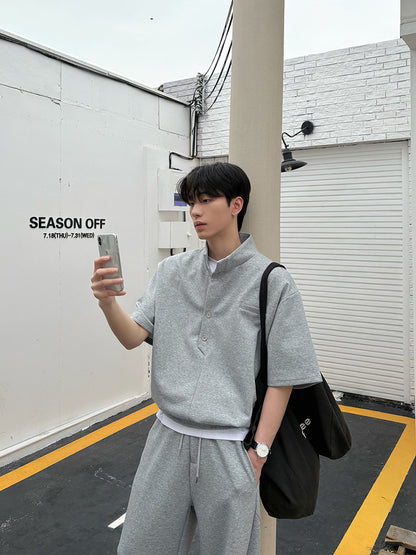 Standing-Collar Button Short Sleeve T-Shirt & Wide Leg Sweatpants Setup WN25022