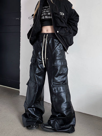 Glossy Coated Multi-Pocket PU Leather Wide Leg Cargo Pants WN18153