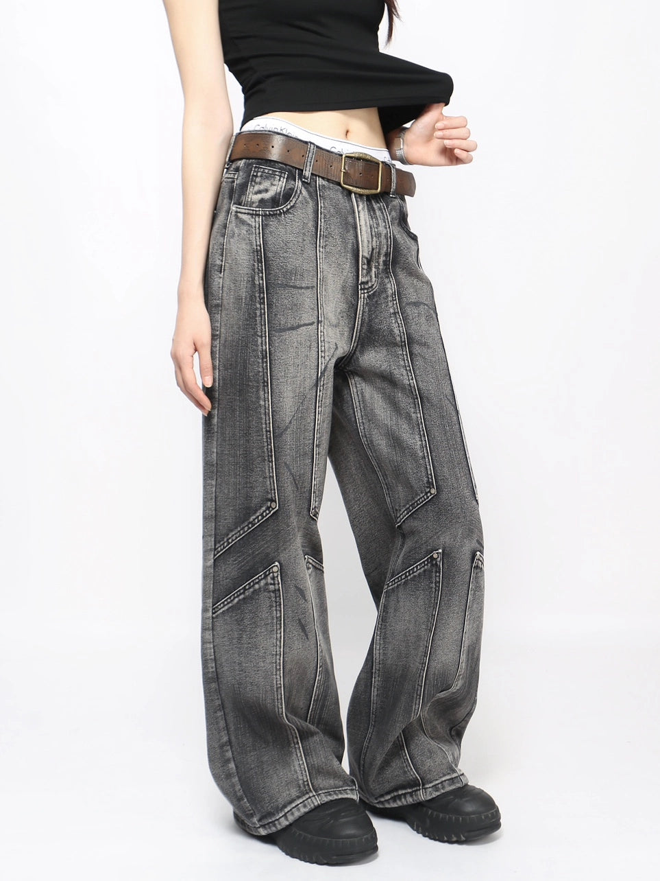 Washed Heavy Mix Design Wide Leg Denim Jeans WN21017