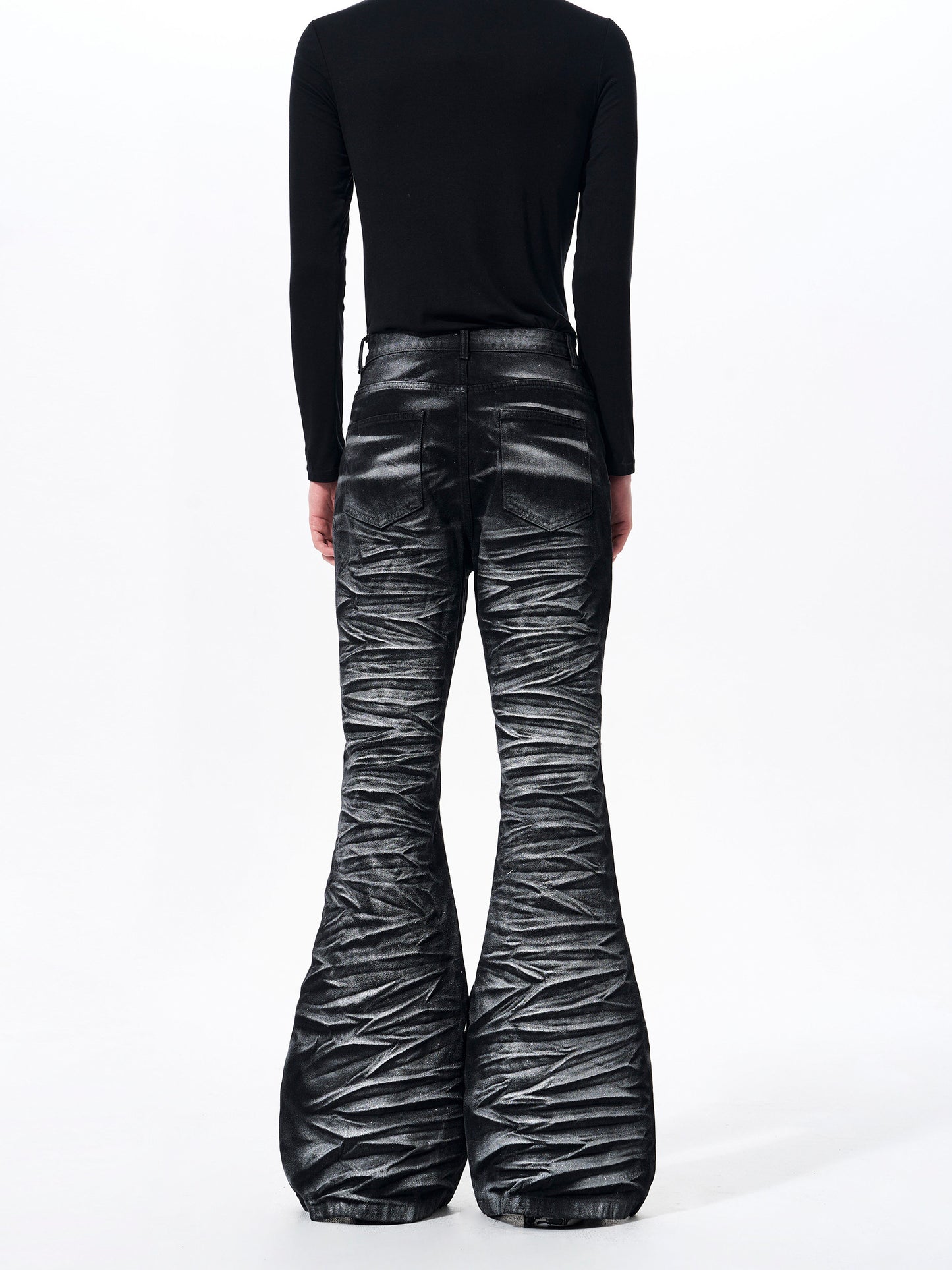 Wave Texture Pleats Foil Flare Denim Jeans WN23267