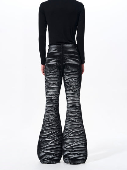 Wave Texture Pleats Foil Flare Denim Jeans WN23267