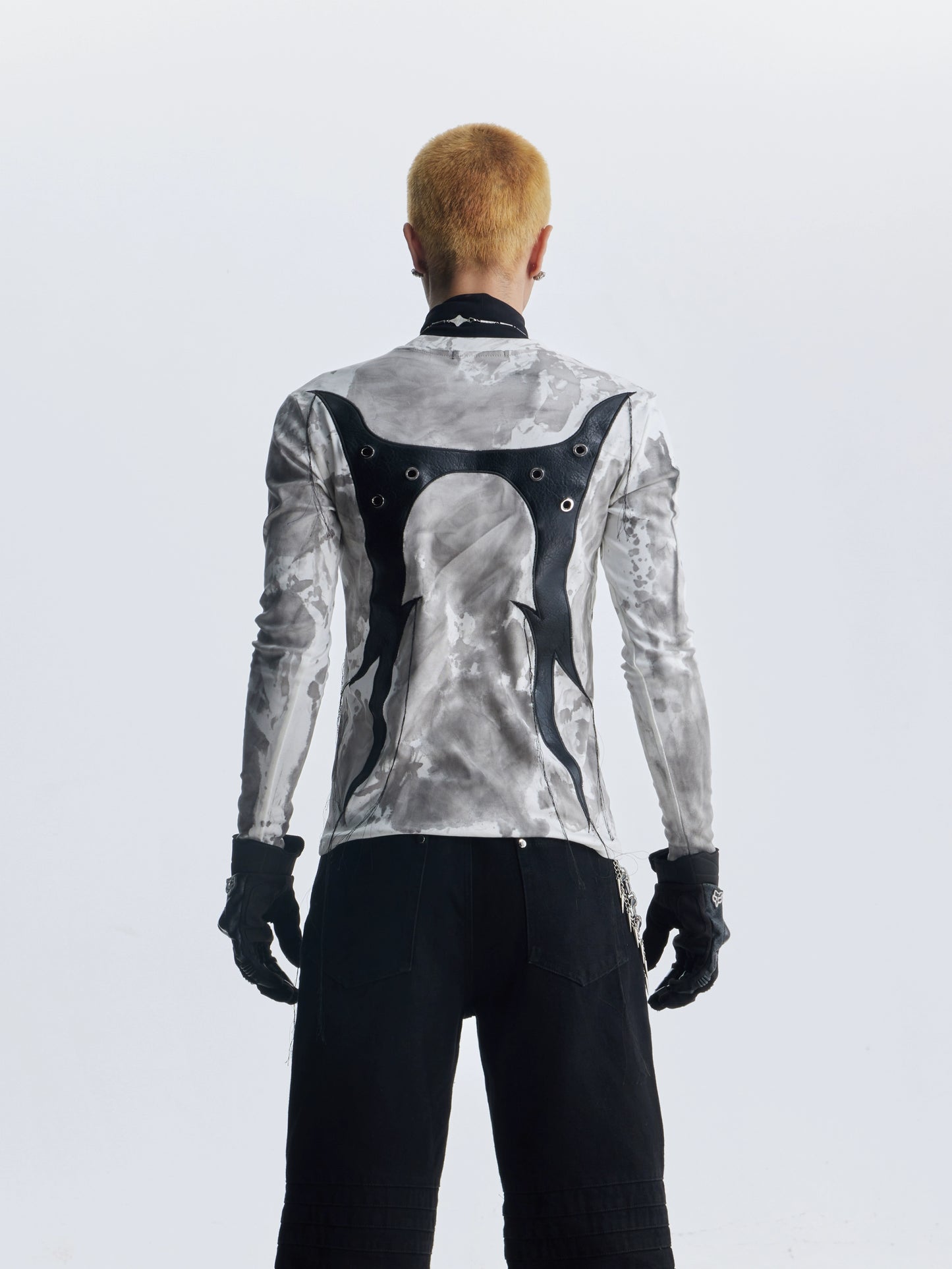 Tie-dye PU Mix Fringe Long Sleeve T-Shirt WN20821