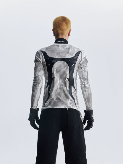 Tie-dye PU Mix Fringe Long Sleeve T-Shirt WN20821