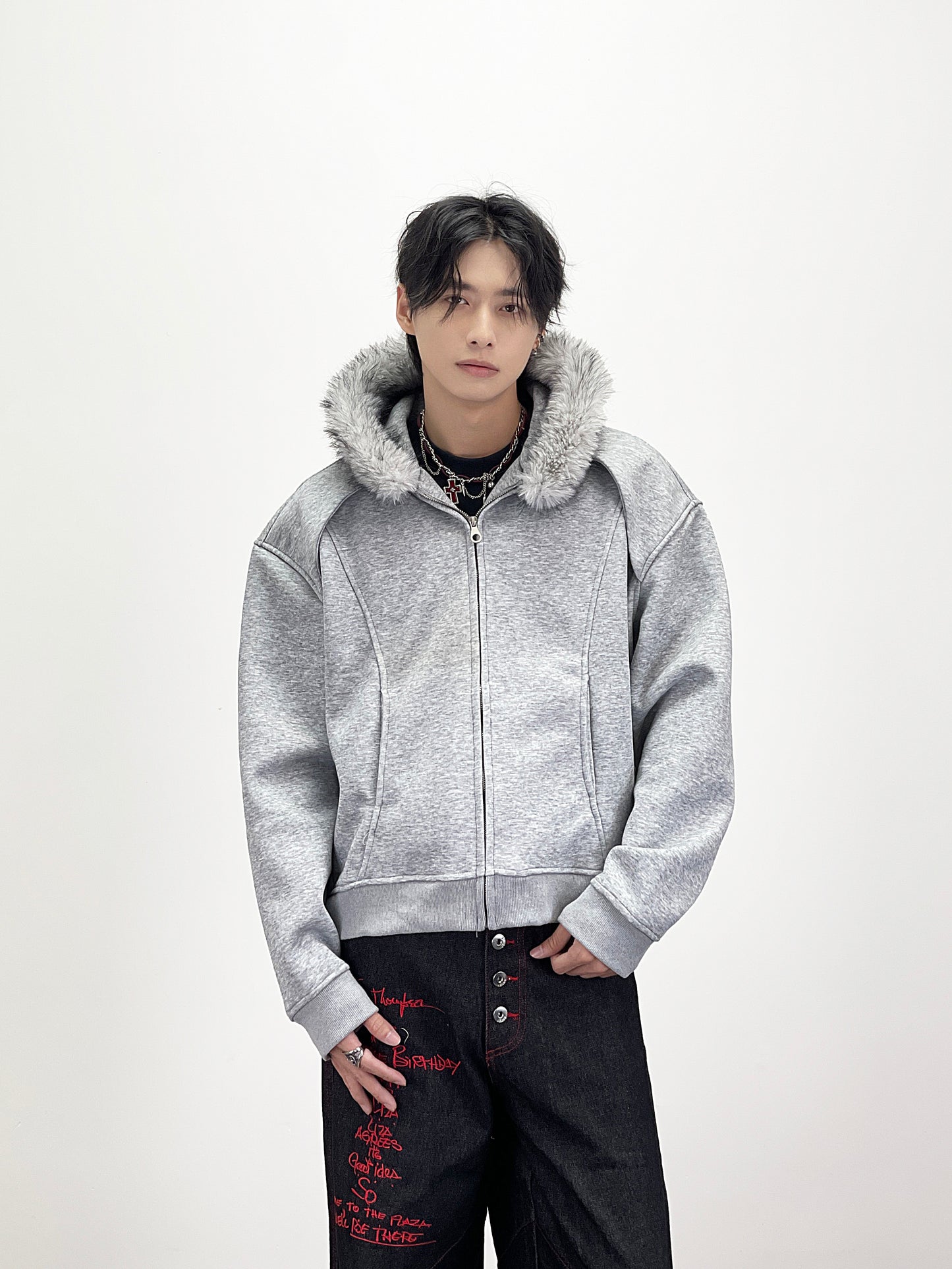 Fake Fur Collar Deconstructed Short Length Oversize Zipper Hoodie WN24239