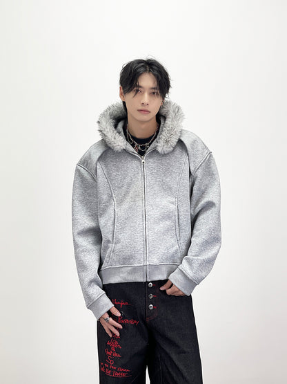 Fake Fur Collar Deconstructed Short Length Oversize Zipper Hoodie WN24239