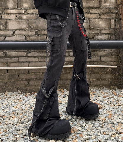 Strap Detail Washed Flare Denim Jeans WN22984