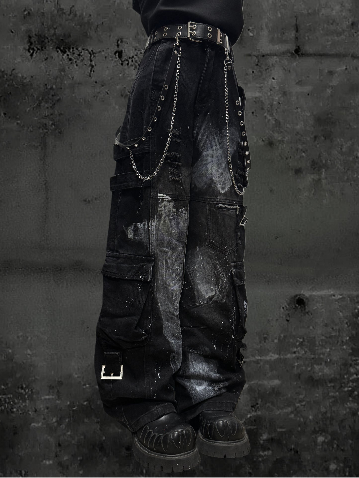 Paint Splash Cargo Wide Leg Pants & Skull Belt & Belt Chain WN23815