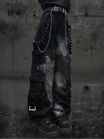 Paint Splash Cargo Wide Leg Pants & Skull Belt & Belt Chain WN23815