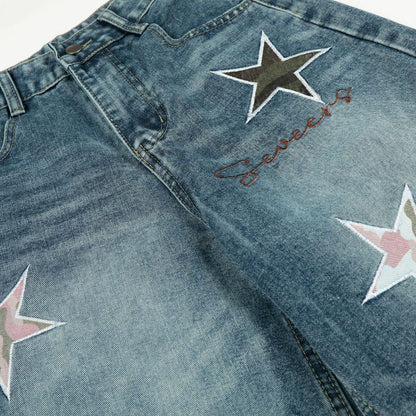 Washed Star Applique Wide Leg Denim Jeans WN25451