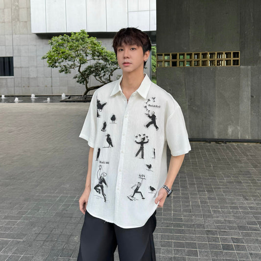 Draped Tencel Texture Portrait Print Oversize Short Sleeve Shirt WN25234