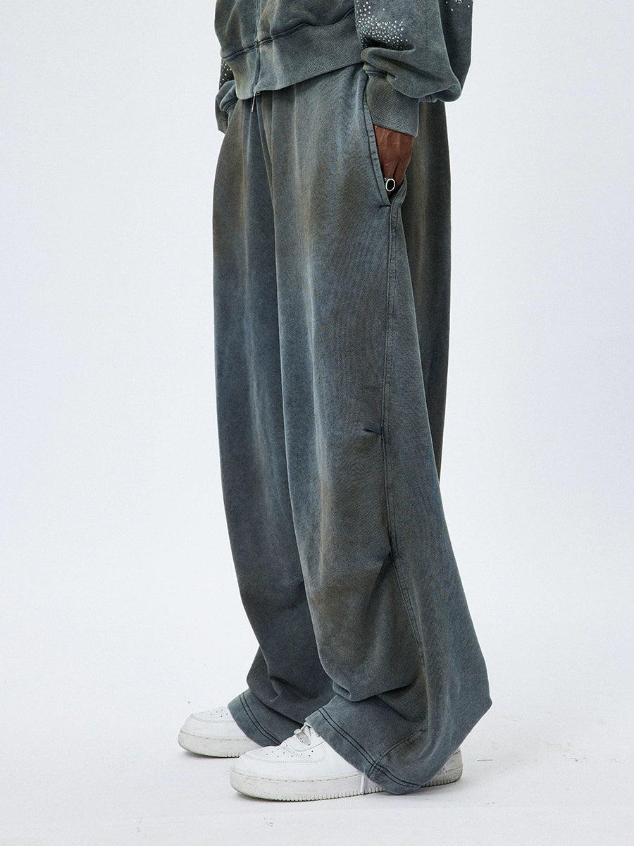 Washed Mud-Dyed Star Rhinestone Zipper Hoodie & Pants Setup WN17052