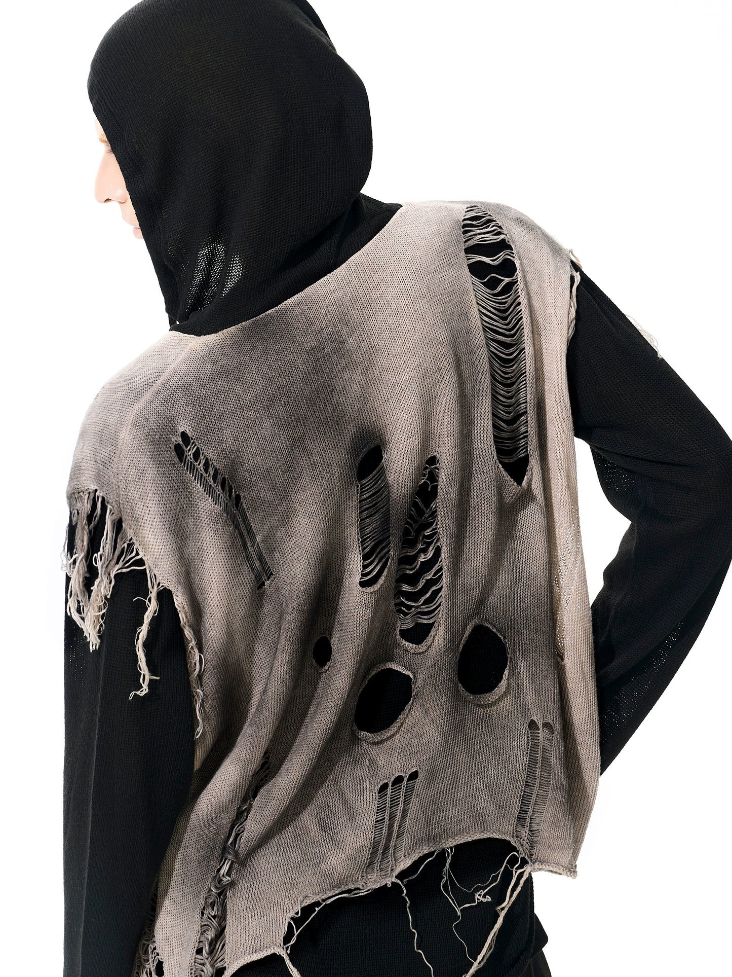 Washed Damage Fake Layered Knit Hoodie WN21964