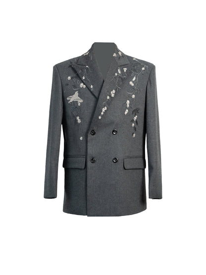 Floral Embroidery Double-Breasted Tailored Jacket & Wide-Leg Trousers Setup WN23629