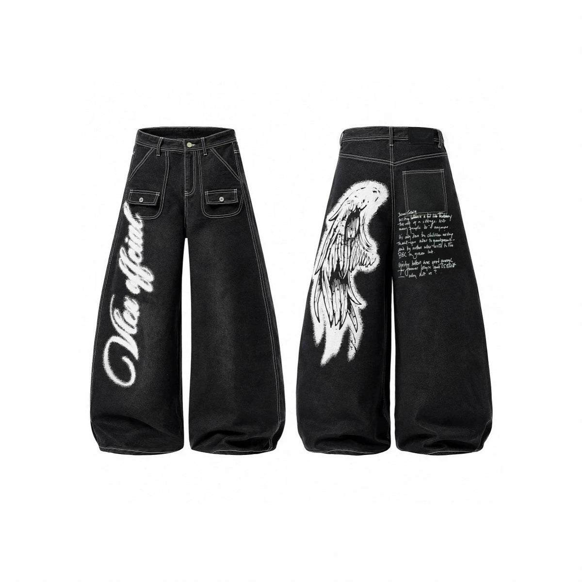 Wing Graphic Multi-Pocket Wide Leg Denim Jeans WN28114