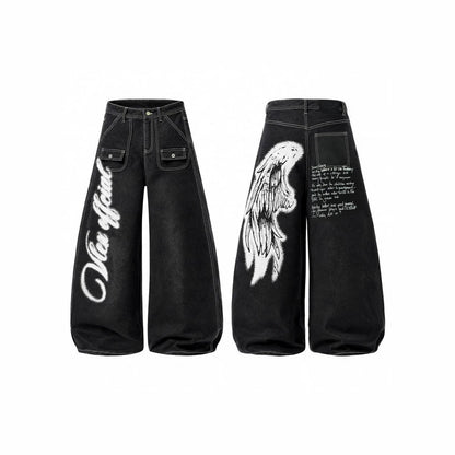 Wing Graphic Multi-Pocket Wide Leg Denim Jeans WN28114