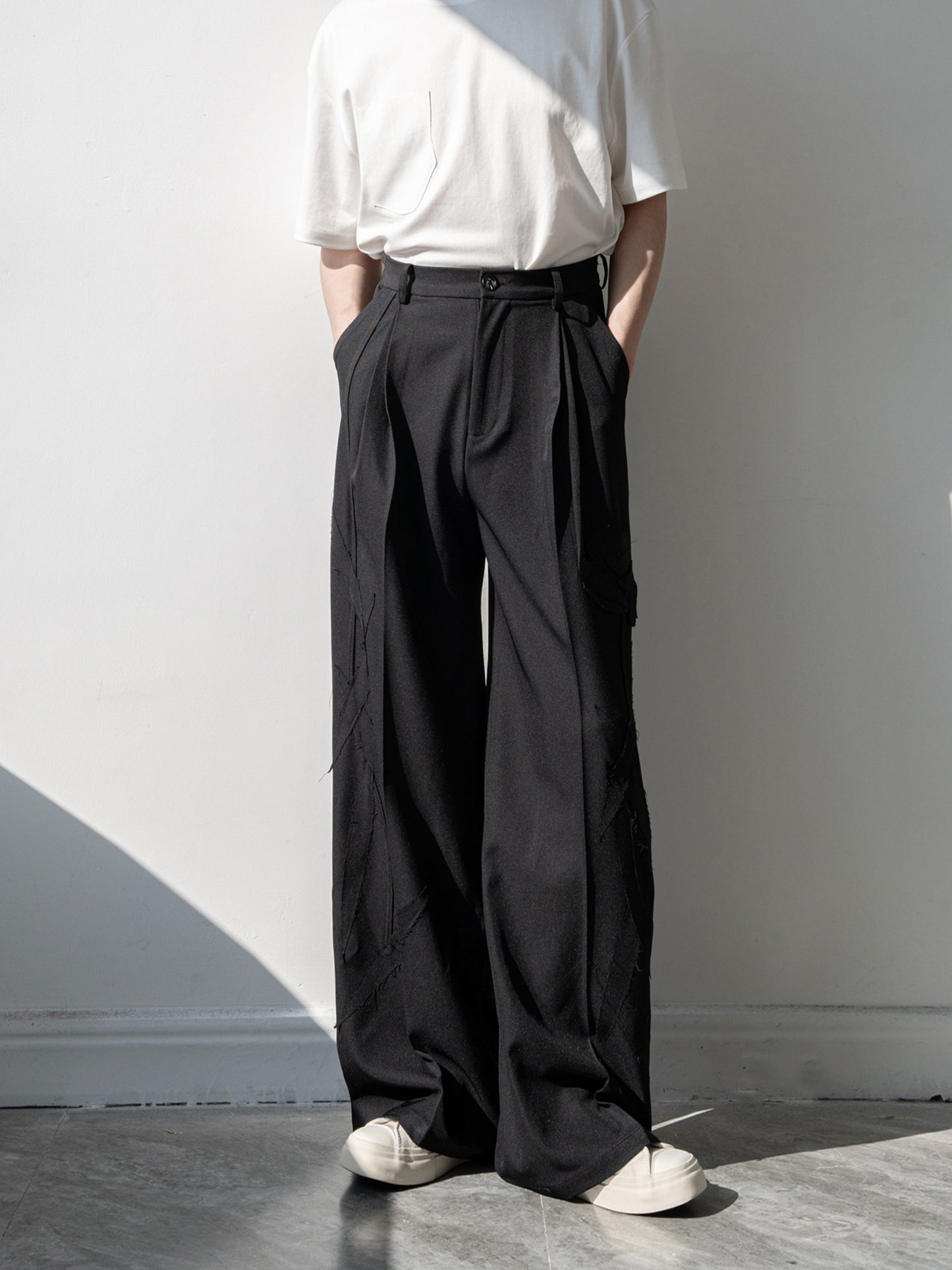 Patch Detail Draped Straight Trousers WN23845