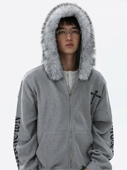 Embroidery Fake Fur-Collar Thick Zipper Hoodie WN22104