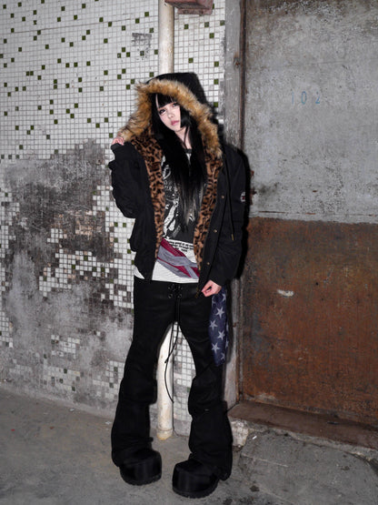 Leopard Hooded Fake Fur-Collar Patch Padded Jacket WN22197