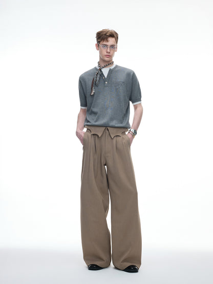 Irregular Fold-Over Waist Embroidery Wide Leg Pants WN27032