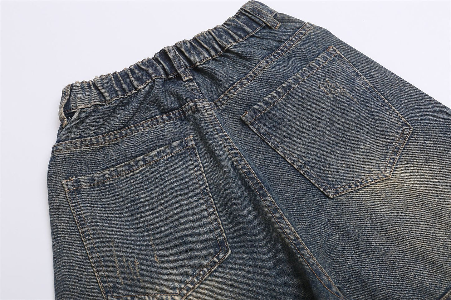 Wide Leg Multi-Pocket Washed Cargo Denim Jeans WN26925