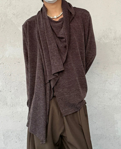 Draped Neck Asymmetrical Patchwork Knit Sweater WN19944