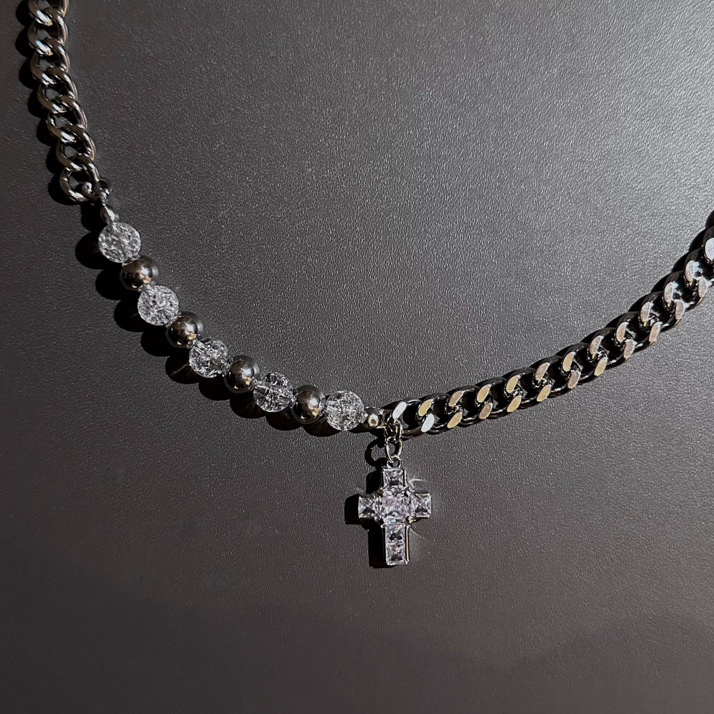 Steel Bead Pearl Rhinestone Cross Pendant Necklace WN25227