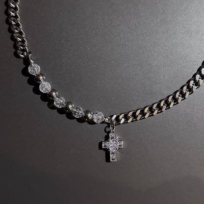 Steel Bead Pearl Rhinestone Cross Pendant Necklace WN25227