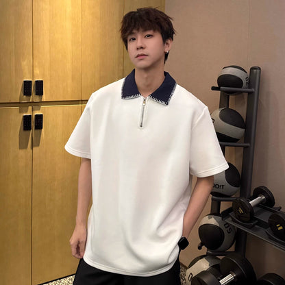 Contrast Collar Half Zip Short Sleeve Polo Shirt WN25348