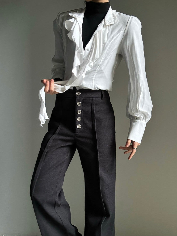 Elastic Waist Button-Front Wool Straight Trousers WN23142