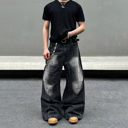 Lightning Pattern Baggy Denim Jeans WN19591