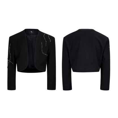 Collarless Shoulder-Pad Rhinestone Tailored Jacket & Rhinestone Trousers Setup WN20924