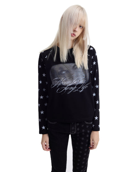 Raglan Star Portrait Graphic Print Long Sleeve T-Shirt WN27249