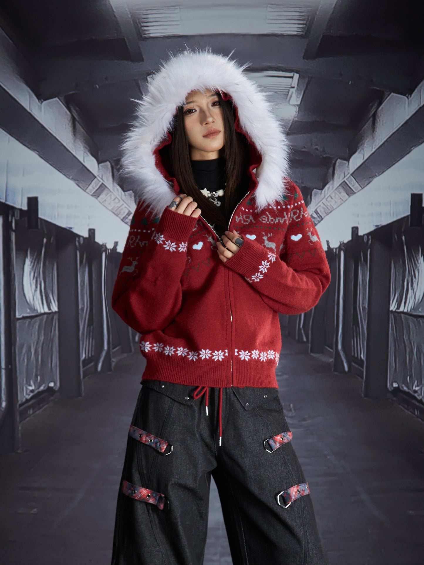 Detachable Fake Fur Hooded Zipper Knit Cardigan WN22845