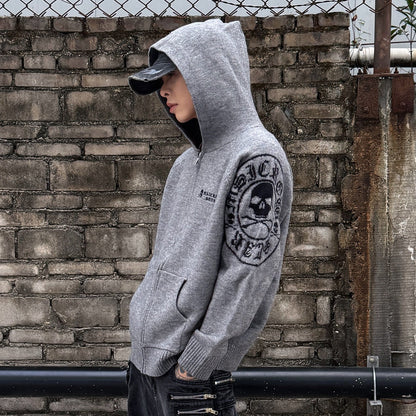 Skull Print Zipper Knit Hoodie WN22979