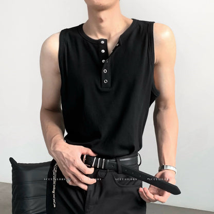 Button Detail Henley Neck Sleeveless T-Shirt WN20083