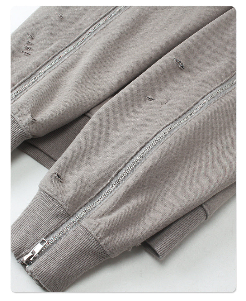 Oversize Zipper Design Damage Hoodie WN9979