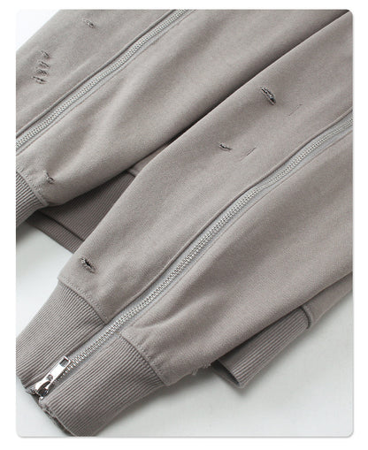 Oversize Zipper Design Damage Hoodie WN9979