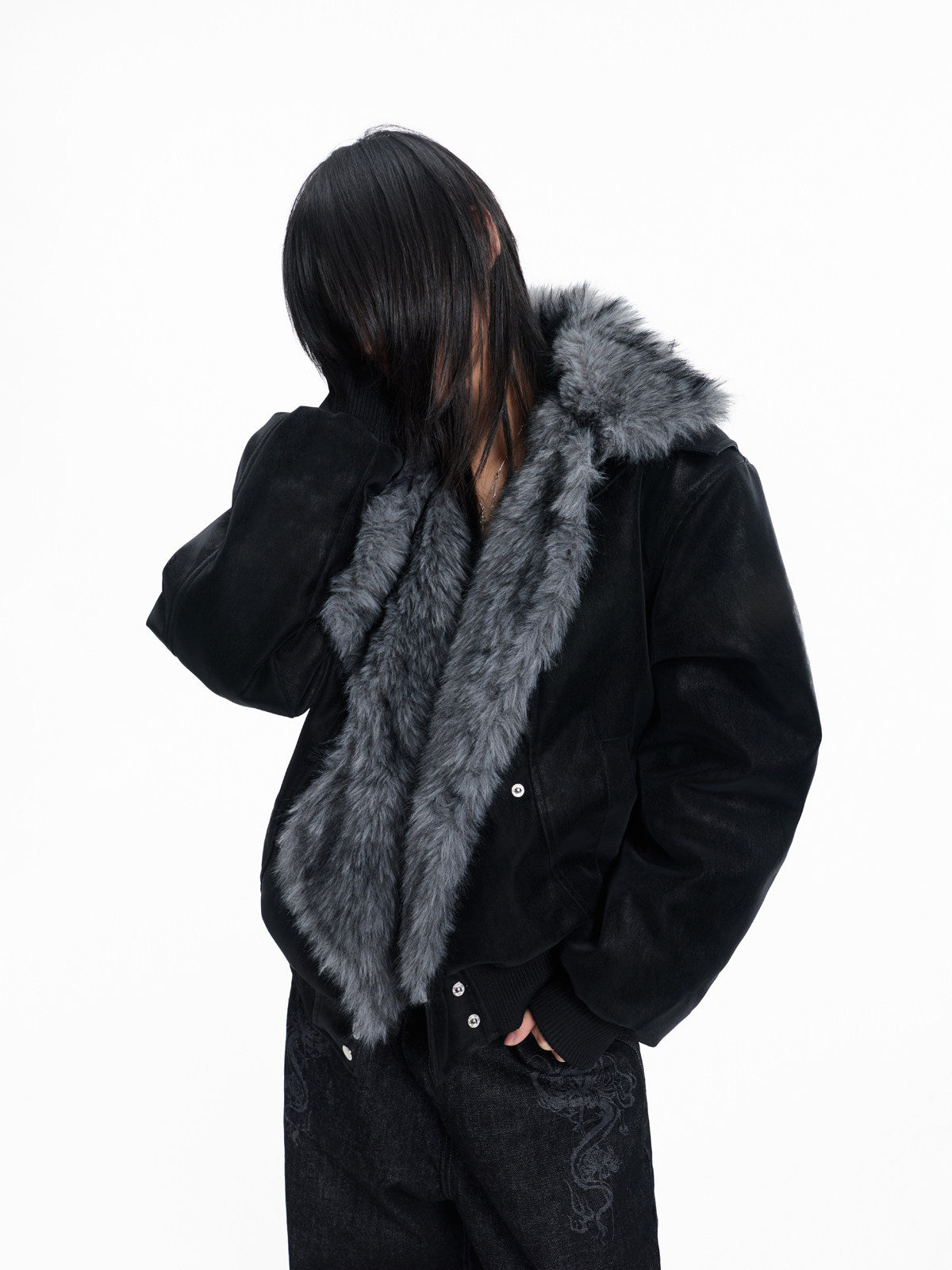 Fake Fur Patchwork Lapel PU Leather Jacket WN27325