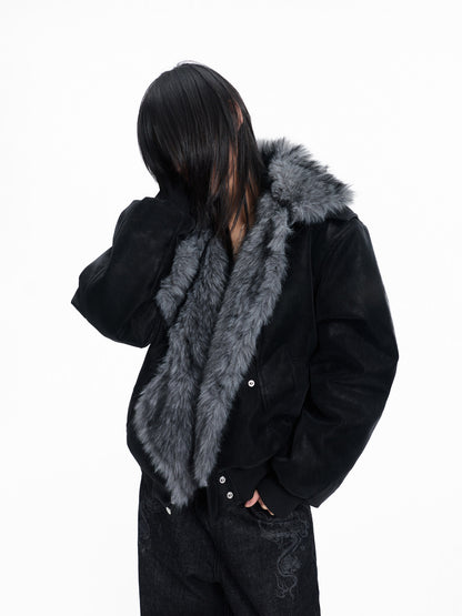 Fake Fur Patchwork Lapel PU Leather Jacket WN27325