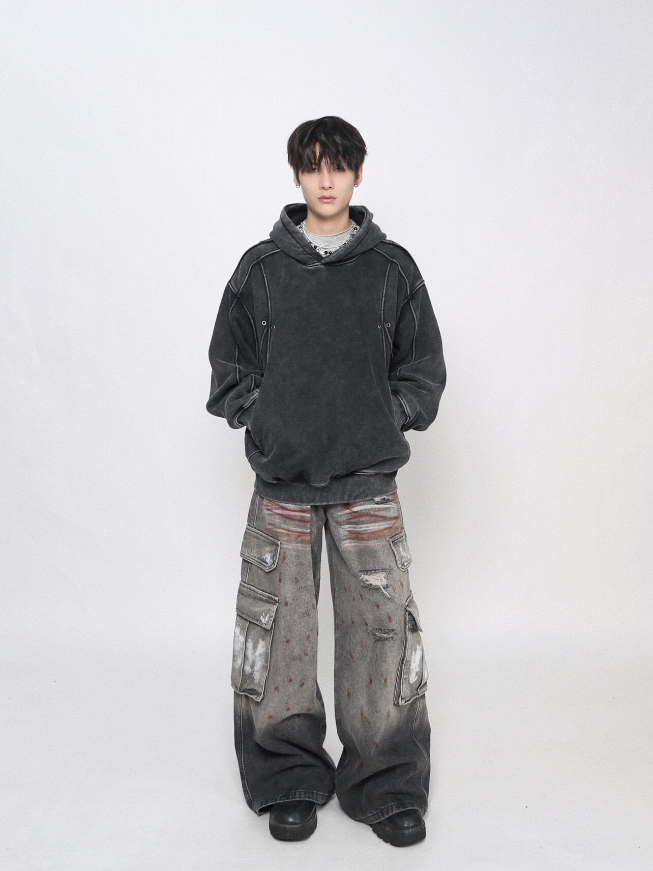 Washed Deconstructed Spliced Oversize Hoodie WN24463