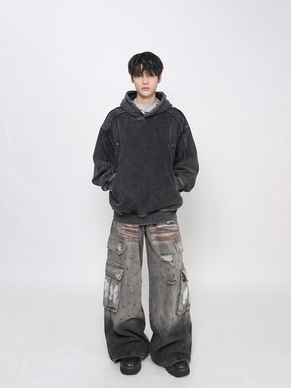 Washed Deconstructed Spliced Oversize Hoodie WN24463