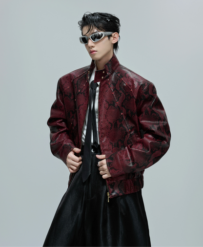 Snake Texture Gem Embellished Standing-Collar PU Leather Short Jacket WN21685