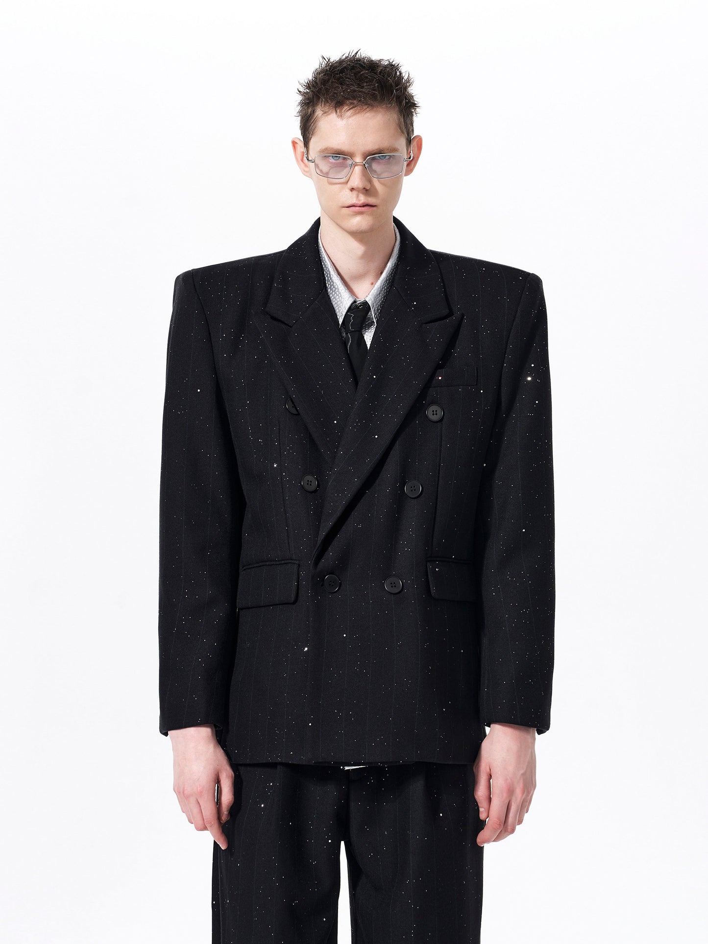 Star Pattern Double-Breasted Shoulder-Pad Tailored Jacket & Trousers Setup WN23285