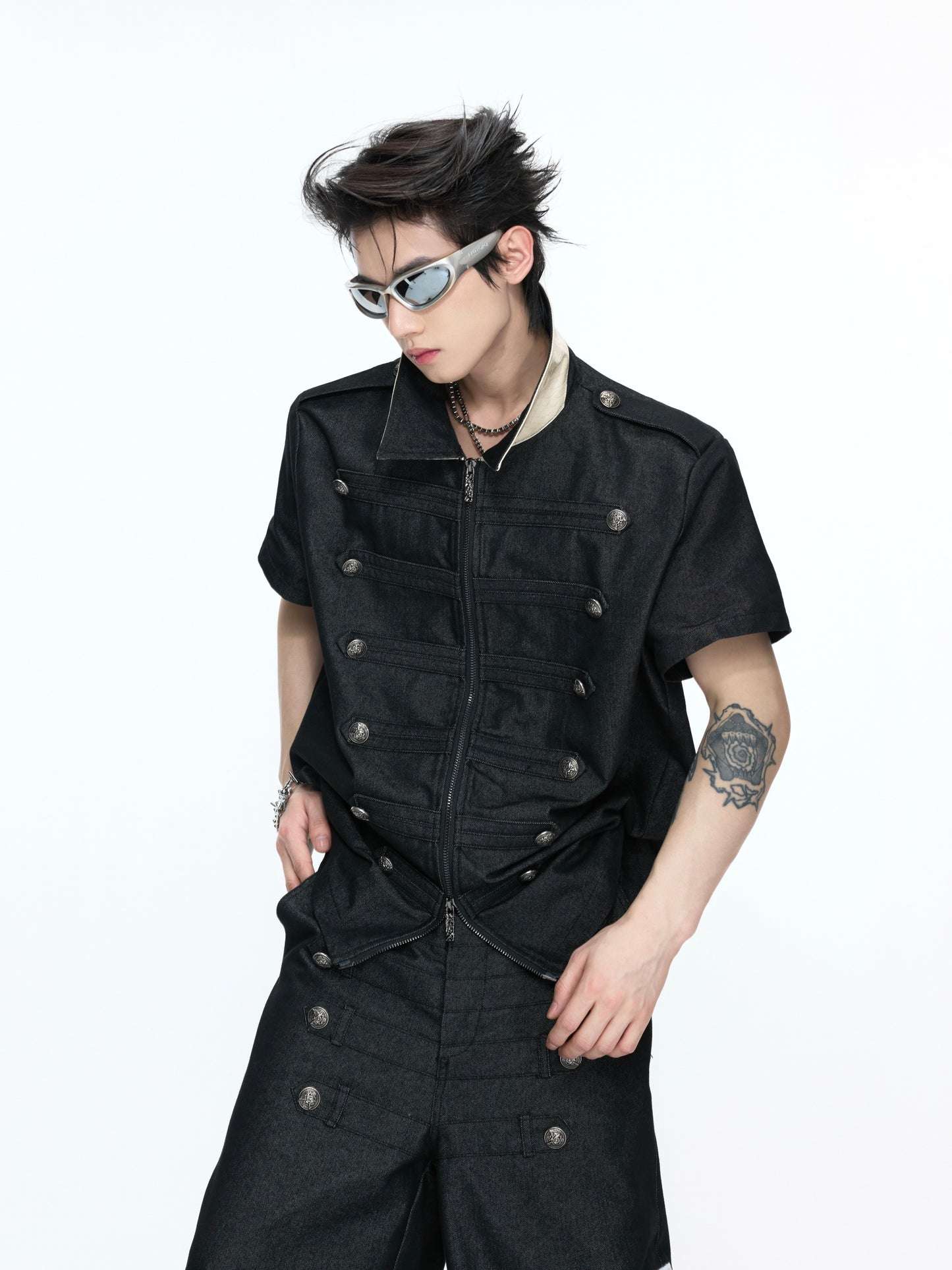 Double-Breasted Leather Collar Short Sleeve Shirt & Cross Patch Wide Leg Denim Jeans Setup WN26970