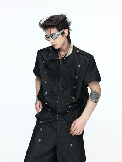 Double-Breasted Leather Collar Short Sleeve Shirt & Cross Patch Wide Leg Denim Jeans Setup WN26970