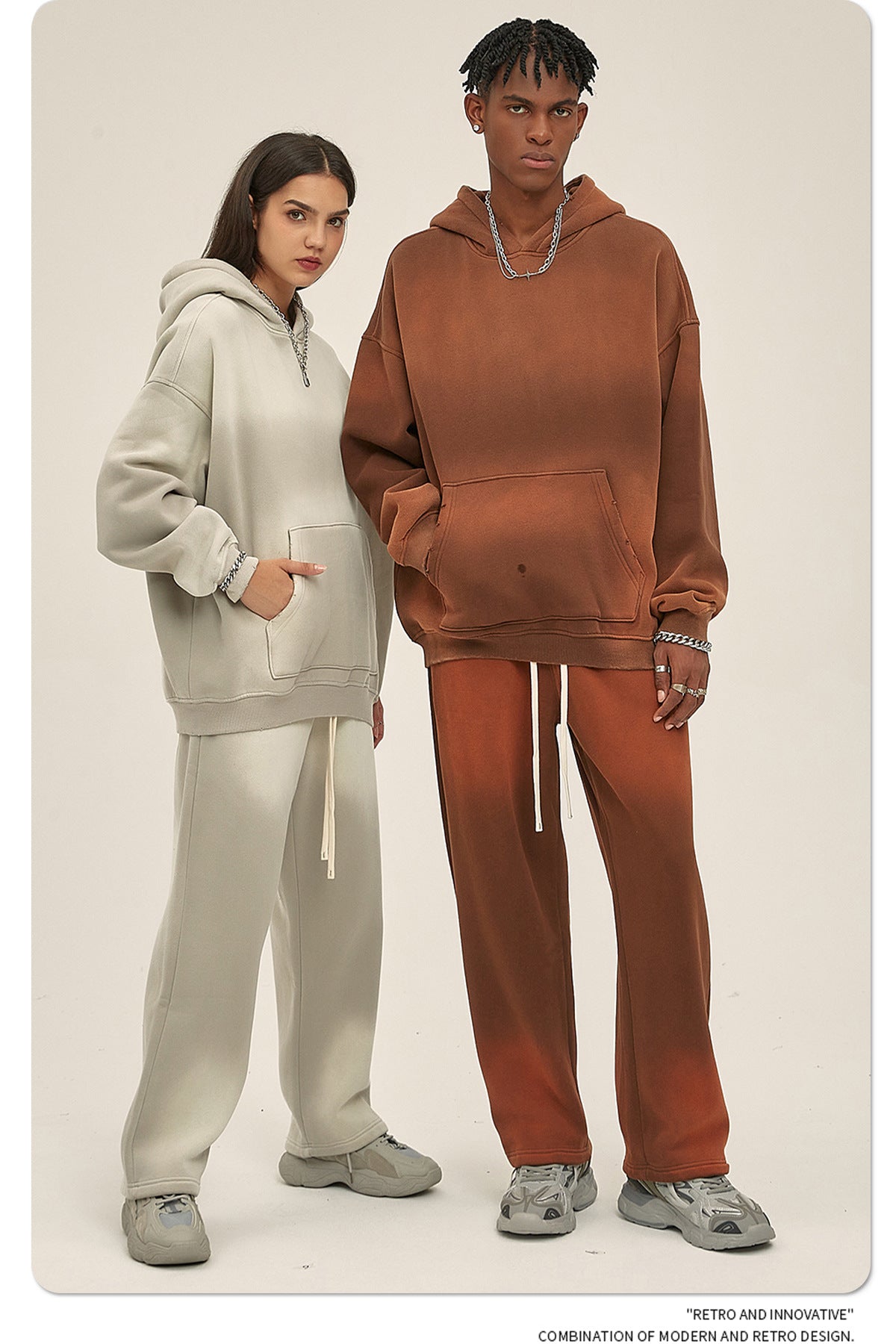 Fleece Lining Spray-dye Damage Oversize Hoodie & Fleece Lining Sweatpants WN9969