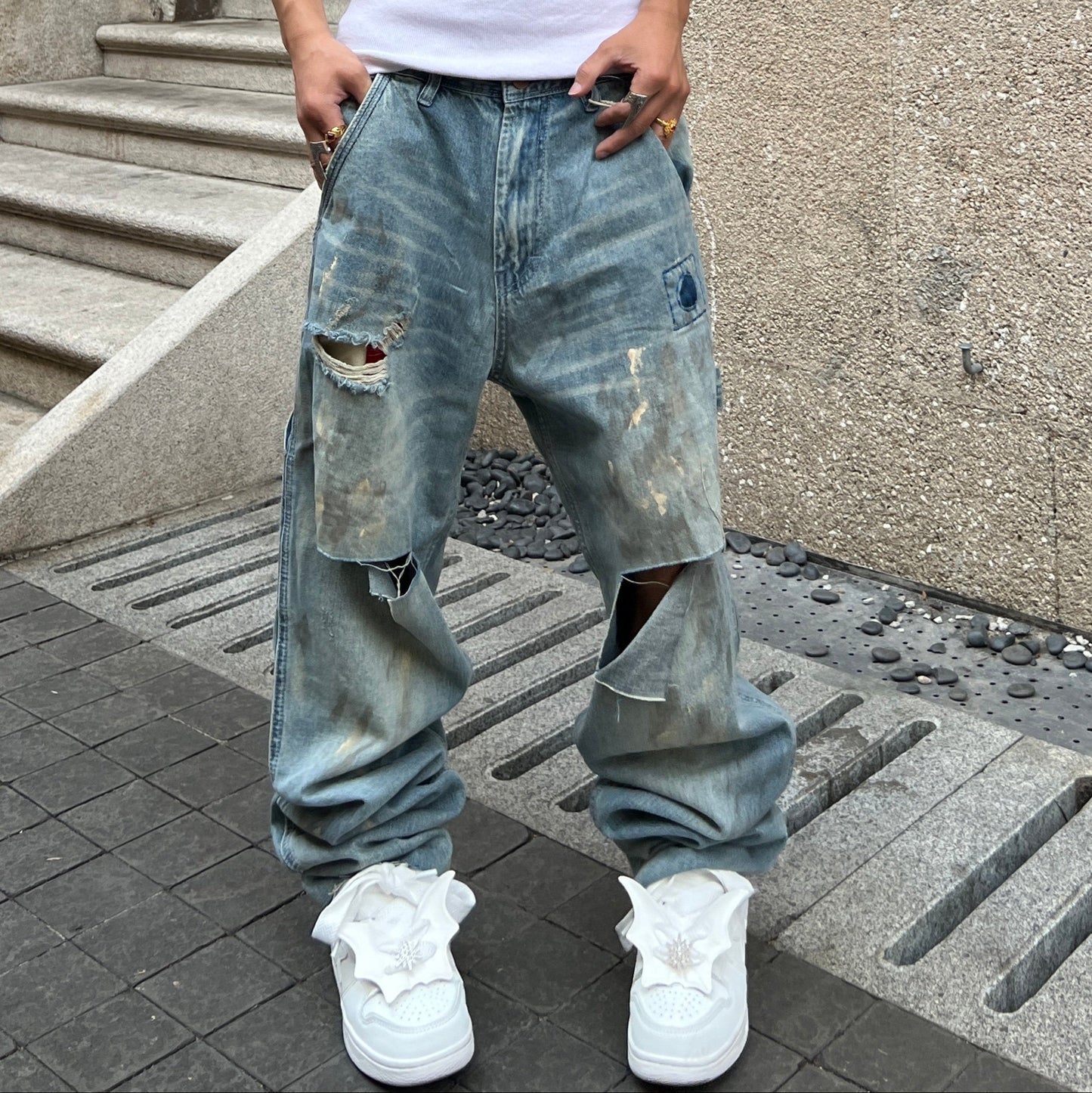 Washed Damage Patch Wide Leg Denim Jeans WN24044