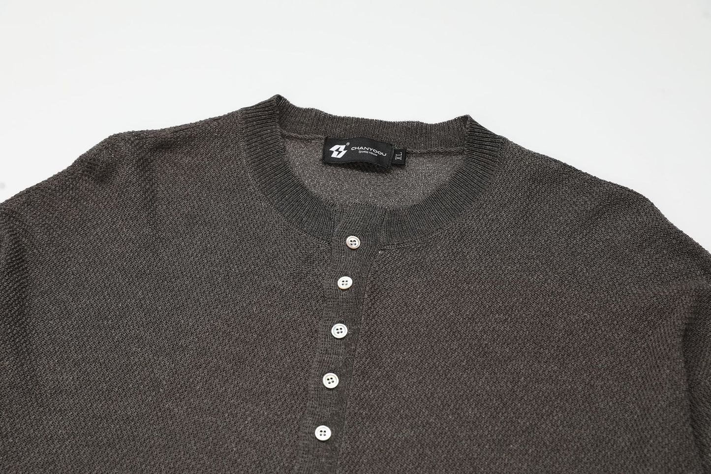 Openwork Linen Henley Neck Knit Sweater WN25712