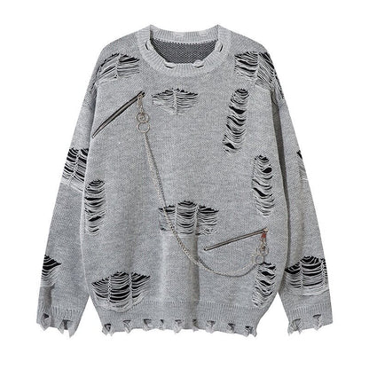 Damage Zipper Chain Detail Knit Sweater WN24497
