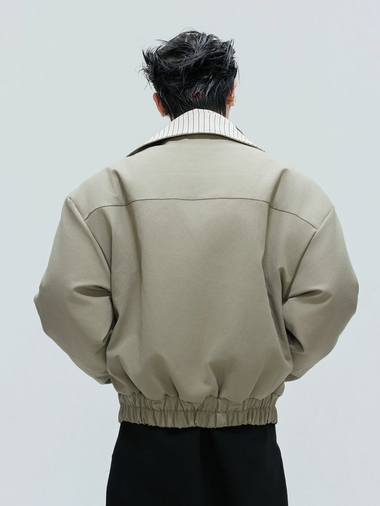 Washed Stripe Fake Layered Double Collar Puffer Jacket WN21725